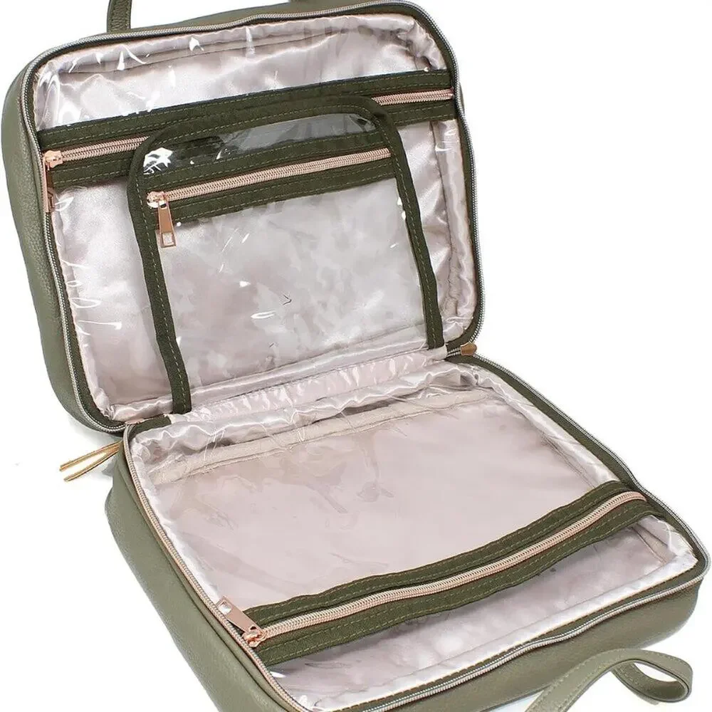 Ms Lovely Vegan Leather Cosmetics Travel Bag Olive Green NEW